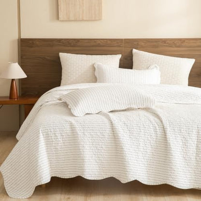 Lady Ann 100% Cotton King Quilt, Dark Grey White Classic Striped Pattern Quilted King Bedding Set, 3 Pcs Lightweight Coverlet Ultra Soft Bedspread Set for All Season
