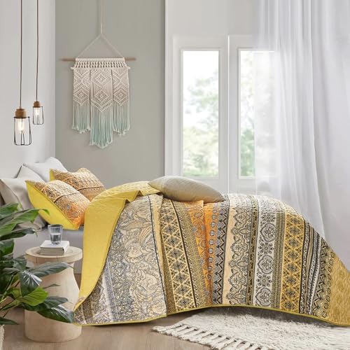 WONGS BEDDING Boho King Quilt Bedding Set, 3 Pieces Bedspread,Yellow Orange