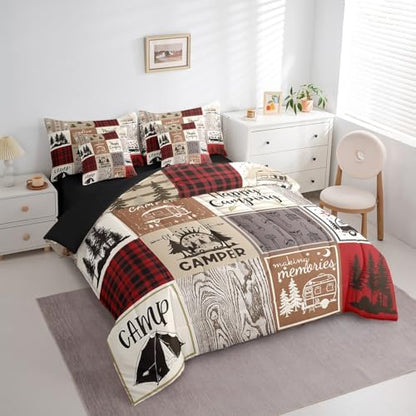 Erosebridal Rv Short Queen Comforter for Camper Happy Camping Bunk Bed in A Bag 7 Piece Camper Accessories Bedding for Travel Trailers,Patchwork Buffalo Plaid Pine Tree Arrow Bed Set Red Brown