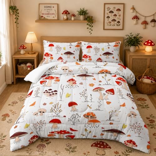 Nttopship Cartoon Mushroom Comforter Sets Full Size，Bedding Sets for Kids,Colorful Mushrooms and Butterflies Comforter Sets，Kids Room Decor with 1 Comforter with 2 Pillow Case