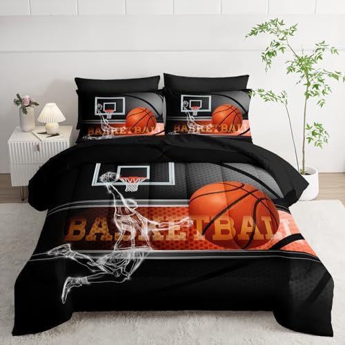 AILONEN 3D Basketball Sports Comforter Set Full Size,7-Piece Sport Basketball Player Bed in a Bag,Comforter & Fitted Sheet with Flat Sheet & 2 Pillowcases,2 Pillow Cases for Bedroom,Soft Microfiber