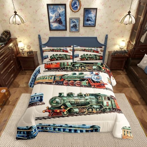 Erosebridal Boys Train Bedding Set King for Home, Vintage Steam Train Comforter Set, Steam Engine Comforter, Transportation Vehicle Quilt with 2 Pillowcases for Kids Teen Men Bedroom, Lightweight