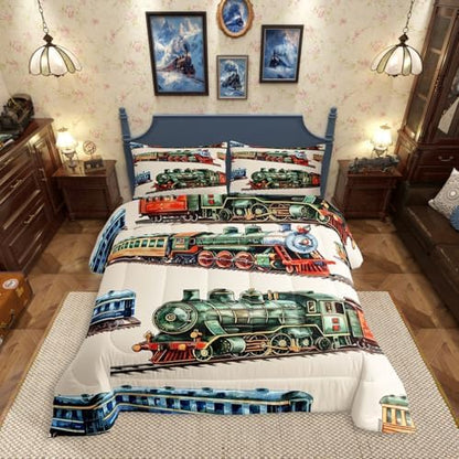 Erosebridal Boys Train Bedding Set King for Home, Vintage Steam Train Comforter Set, Steam Engine Comforter, Transportation Vehicle Quilt with 2 Pillowcases for Kids Teen Men Bedroom, Lightweight