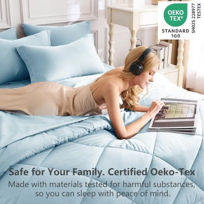 CozyLux Queen Comforter Set 88"x88" Light Blue - 7 Piece Bed in a Bag