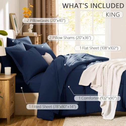 CozyLux King Size Comforter Set, 7-Piece Bed in a Bag, Navy Blue