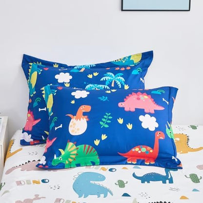 Wajade 7 Piece Kid Boys Dinosaur Comforter Set Queen Size 3D Blue Dinosaur Wild Park Jungle Print Bedding Set with Comforter, Sheet Set, Pillowcase and Sham