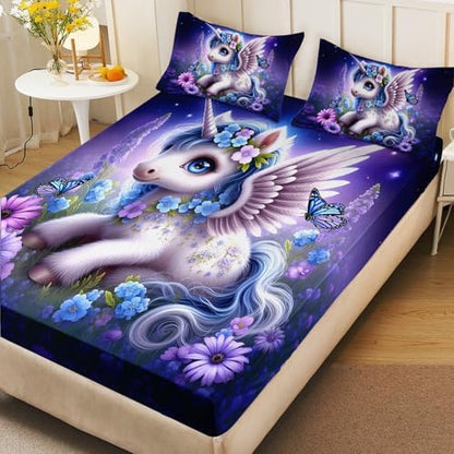 HOSIMA Kids Kawaii Unicorn Twin Bedding Sets,1 Fitted Sheet+2 Pillowcases.