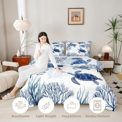 Erosebridal Turtle Comforter Set Queen White Blue Sea Turtle Bedding Set for Kids,Reptile Coastal Tortoise Quilt Hawaiian Beach Theme Comforter for Boys Girls Room