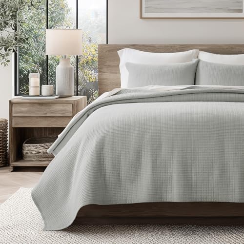 EverGrace 100% Cotton Modern Grid Stitch Quilt Set Queen Size, Drizzle Gray