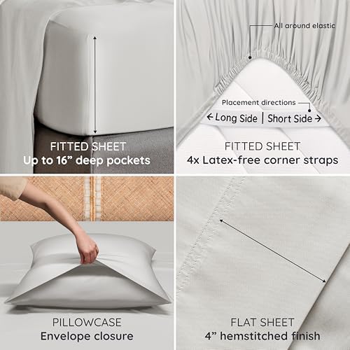Bambaw California King Sheet Set 4pcs – 100% Viscose Derived from Bamboo Deep Pocket Sheets, Fits Up to 16'' Mattresses, Cooling Bed Sheets California King, Soft Bedsheets (Moonlight Gray)