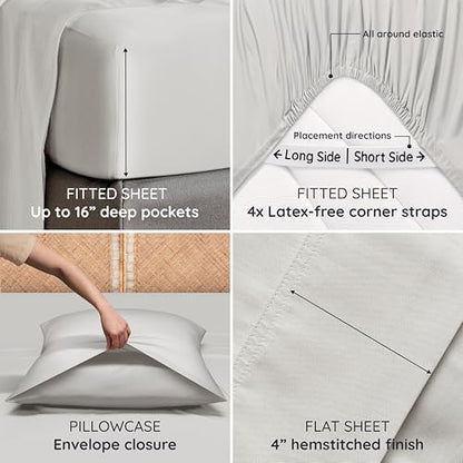 Bambaw California King Sheet Set 4pcs – 100% Viscose Derived from Bamboo Deep Pocket Sheets, Fits Up to 16'' Mattresses, Cooling Bed Sheets California King, Soft Bedsheets (Moonlight Gray)
