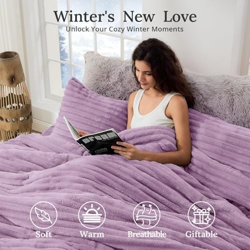 Sasttie Fluffy Full Comforter Set, 3-Piece Soft Fleece Bedding, Purple