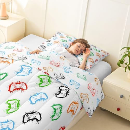Castle Fairy Gaming Comforter Set King Size,Colorful Graffiti Down Alternative Adults Bedroom Decor,Modern Gamepad Ultra Soft Microfiber Inner Fill 3Pcs Bedding