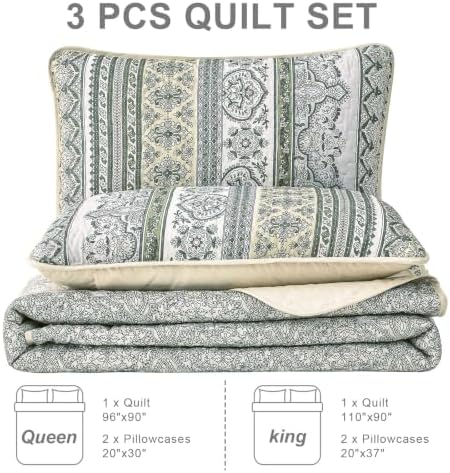 WONGS BEDDING Boho Quilt Queen Size,3 Pcs Beige Bedspread Bedding Set