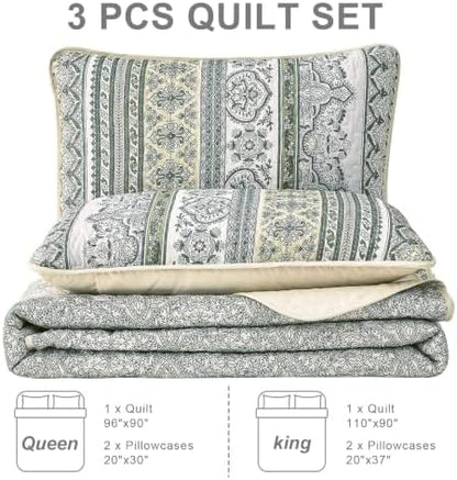 WONGS BEDDING Boho Quilt Queen Size,3 Pcs Beige Bedspread Bedding Set