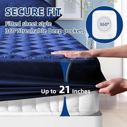 Twin XL Mattress Protector Waterproof, Fitted Deep Pocket 8"-21", Blue