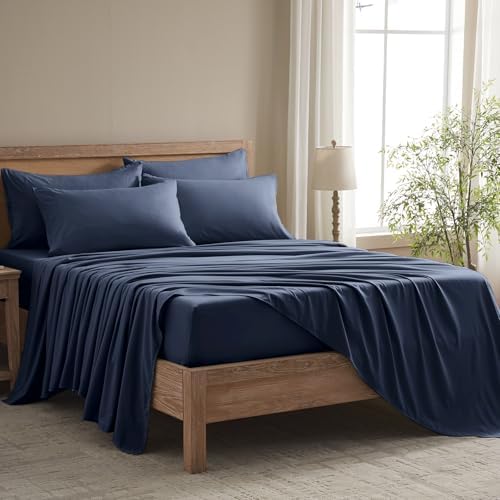 Full Size Bed Sheets - 6 Piece Soft Microfiber and Wrinkle Free Sheets - Easy Care, Extra Soft, Cooling Sheets - 1 Deep Pocket Fitted Sheet 1 Flat Sheet and 4 Pillowcases (Full Navy Blue)
