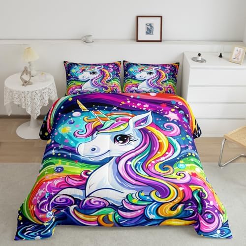Castle Fairy Unicorn Comforter Set King Size 3 Piece Colorful Unicorn Bedding Set for Girls Kids Bedroom Decor,Universe Starry Sky Watercolor Reversible All Season Quilt Duvet with 2 Pillowcases