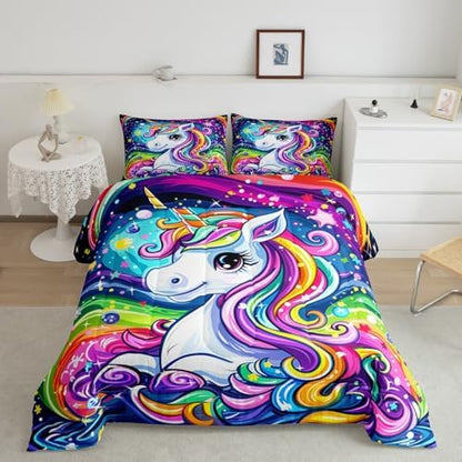 Castle Fairy Unicorn Comforter Set Full Size 3 Piece Colorful Unicorn Bedding Set for Girls Kids Bedroom Decor,Universe Starry Sky Watercolor Reversible All Season Quilt Duvet with 2 Pillowcases