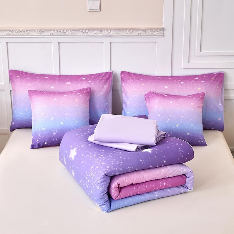 Pink and Purple Comforter Set Queen,Girls Galaxy Comforter Set,Purple Bedding Set Queen,Bed in A Bag Comforter for Children Girls Teen Kids,Bedroom Comforter Decoration Queen 7Pcs