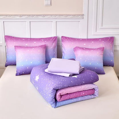 Pink and Purple Comforter Set Queen,Girls Galaxy Comforter Set,Purple Bedding Set Queen,Bed in A Bag Comforter for Children Girls Teen Kids,Bedroom Comforter Decoration Queen 7Pcs
