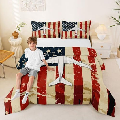 Erosebridal American Flag Airplane Bedding Set Full Military Airplane Comforter Set for Kids Boys Girls Vintage Patriotic Down Comforter Fighter Plane Quilt Duvet