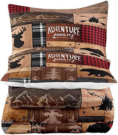 LUVIVIHOME 3PCS Cabin Comforter Set King Size, Rustic Farmhouse Bedding, Black Bear Deer Elk Moose Forest Animal Wildlife Hunting Country Brown Patchwork White Red Plaid Lodge Quilt, 2 Pillow Shams