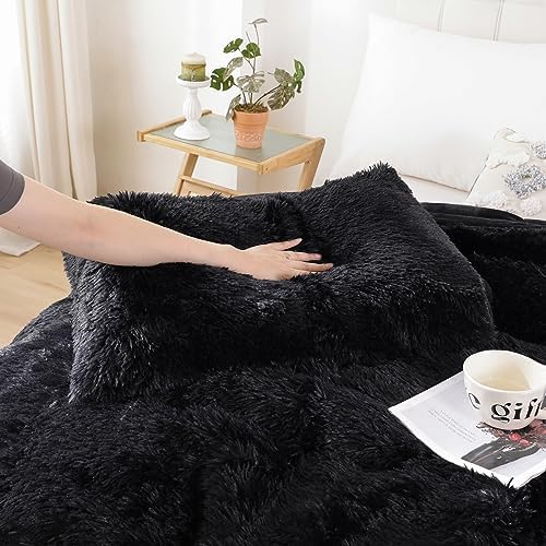 Smoofy Fluffy Twin Comforter Set, Black Faux Fur Comforter Set 2 Pieces