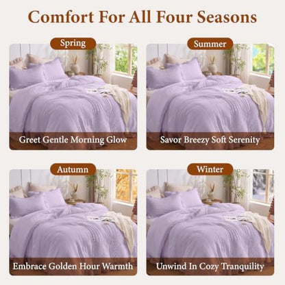 JOLLYVOGUE Lavender Queen Comforter Set, 3 Pieces Seersucker Comforters Queen Size, Lightweight & Fluffy Bedding Sets Queen for All Season with 1 Ruffle Comforter and 2 Ruffle Pillowshams