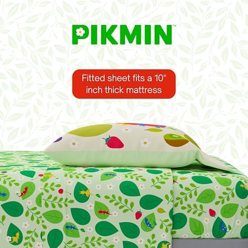 Nintendo Pikmin Game Kids Bedding Set, Twin Size 5 Piece Comforter and Sheet Set with Sham, (Officially Licensed Product) by Franco