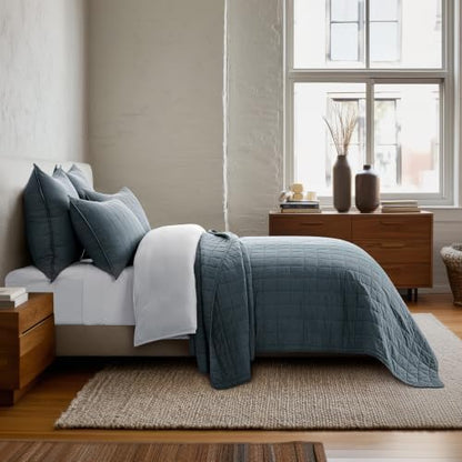 EVERGRACEHOME 100% Cotton Box Stitch Quilt Set, Oversized King, Midnight Blue