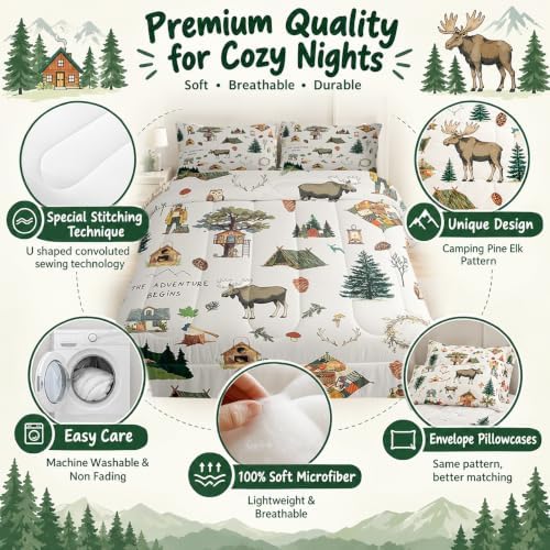 Homewish Cartoon Camper Bedding Set Queen Size Jungle Adventure Travel Comforter Set Wild Elk Animals Mountain Trees Quilt Set for Kids Boys Teens Men Bedroom Decor Happy Camping Duvet Insert 3pcs