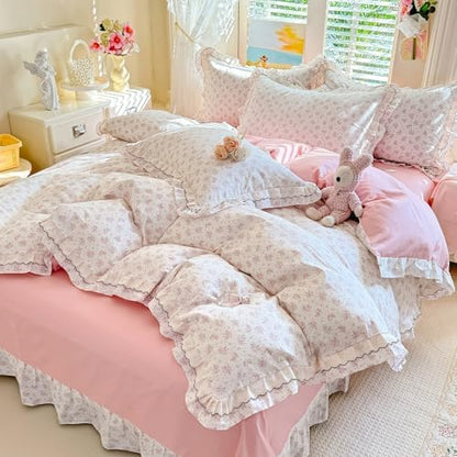 French Style Ruffle Duvet Cover King with Pink Flower Pattern, 100% Cotton Vintage Cottagecore Duvet Cover with 2 Pillowcases, Princess Lace Bedding Botanical Flower Comforter Cover with Zipper Ties