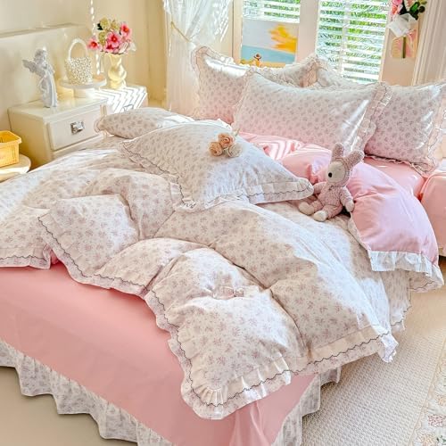 French Style Ruffle Duvet Cover Twin with Pink Flower Pattern, 100% Cotton Vintage Cottagecore Duvet Cover with 2 Pillowcases, Princess Lace Bedding Botanical Flower Comforter Cover with Zipper Ties
