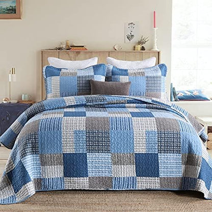 PANGUSHAN King Size Quilt Set,100% Cotton King Quilt Bedding Set Bedspread,Patchwork Plaid Quilt Bedspreads for King Bed,Navy Blue/Blue Reversible Lightweight Comforter Bed Set,All Season,3 Pieces