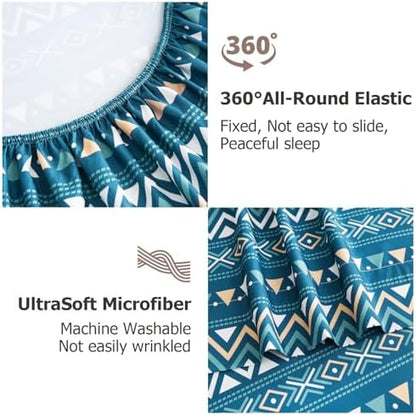 CozySmile Boho Sheet 4 Pieces Queen Sheet Set Bohemian,Queen Size Breathable Soft Microfiber Deep Pocket Bedding Sheet, Western Sheets Geometric(King, Teal Geometric)