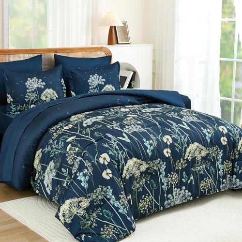 Yiran Navy Blue Floral Comforter Set King Size, 7 Piece Dandelion Botanical Spring Comforter Bedding Set, Bed in a Bag King, Soft Microfiber Complete Bedding Set with Sheets for All Season