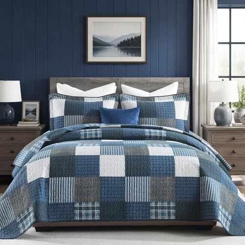 Quilta 100% Cotton Quilt Set, Navy/Black/White Plaid Bedspread King Size