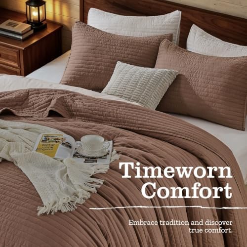 DOWN HOME Twin Quilt Bedding Set with Sham, Vintage Washed Quilted Blanket Thin Comforter Lightweight Bedspread Coverlet Bed Cover, Brushed Microfiber Stripe Stitching, Washed Terra, 66"x92"