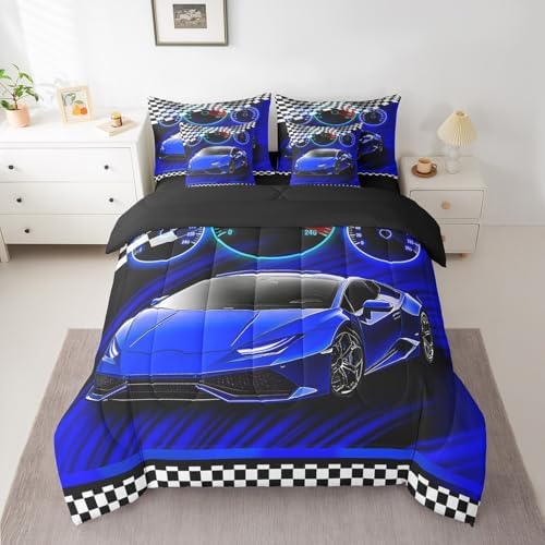 Feelyou Blue Race Car Bed Set for Kids Boys Girls King Size Extreme Sports 7 Pieces Beeding Set Teen Adult Ultra Soft Speed Sports Car Bed in a Bag with Comforter, Sheets, Pillowcases Cool Car