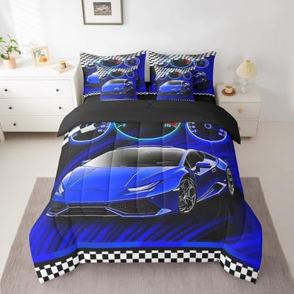 Feelyou Blue Race Car Bed Set for Kids Boys Girls King Size Extreme Sports 7 Pieces Beeding Set Teen Adult Ultra Soft Speed Sports Car Bed in a Bag with Comforter, Sheets, Pillowcases Cool Car
