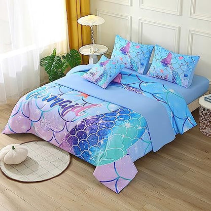 JQinHome Mermaid Comforter Set Twin Size, 6 Piece Mermaid Tail Bed in A Bag,3D Colorful Mermaid Bedding Set for Girls Kids, Sparkle Teal Bedroom Decor Bedding Set with Sheets (Blue)