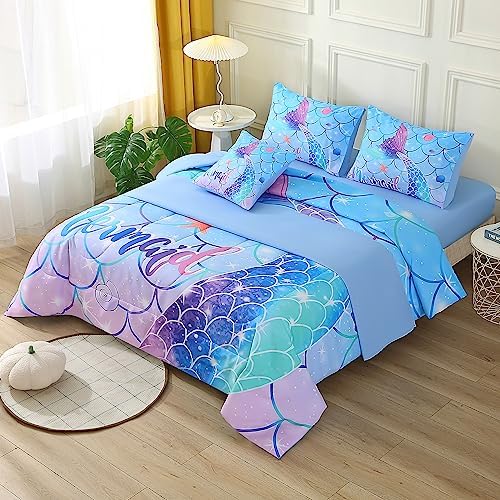 JQinHome Mermaid Comforter Set Full Size, 6 Piece Mermaid Tail Bed in A Bag,3D Colorful Mermaid Bedding Set for Girls Kids, Sparkle Teal Bedroom Decor Bedding Set with Sheets (Blue)