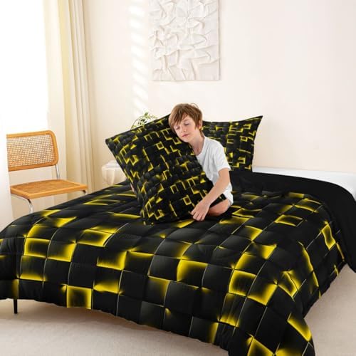 Erosebridal Geometric Checkered Comforter Twin Size Neon Black Gold Comforter Set for Kids Teen Men Gaming Room Decor,Abstract Ombre Plaid Bedding Set Grids Quilt Duvet
