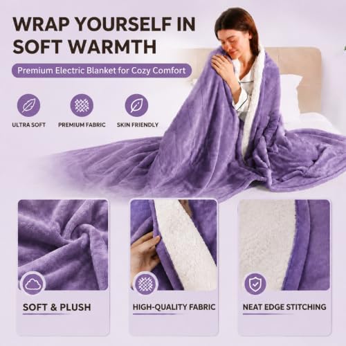 Full Electric Blanket, Heated Electric Blanket with Flannel Sherpa, Machine Washable Heated Blanket with Timer 6 Heating Levels & 1-10 Hours Auto Off, Overheat Protection,72" x 84", Lavender Violet