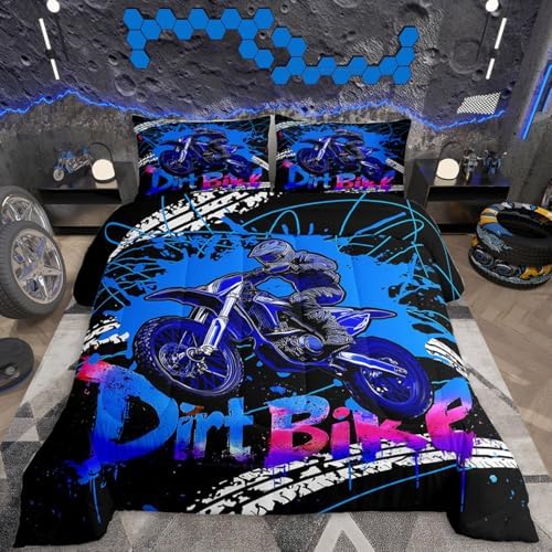 Feelyou Racing Motocross Rider Kids Bedding Set,Boys Girls King Size,Extreme Sports Comforter Set,Dirt Bike Ultra Soft Duvet Quilt,Tire Print Comforter Motorcycle Bedroom Decor