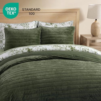 Velvet Quilt Set Queen Size -Bedding Set Green Soft Bedspread with 2 Shams