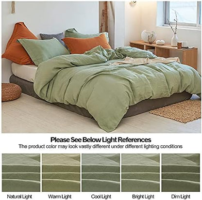 Simple&Opulence 100% Linen Duvet Cover Set 3pcs Basic Style Natural French Washed Flax Solid Color Soft Breathable Farmhouse Bedding with Button Closure - Sage Green, Queen