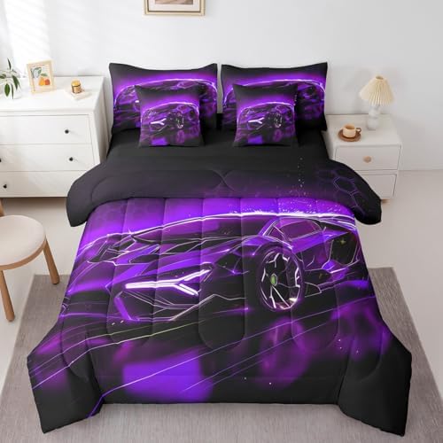 Feelyou Kids Teens Sports Car Bed in a Bag King Size Purple Race Car 7 Piece Bedding Set for Kids Teens Boys Girls Extreme Sports Theme Comforter Set with Sheets Speed Luxury Car Bed Set