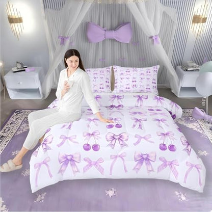Erosebridal Purple Cherry Bow King Size Comforter Set with Sheets Cute Silk Ribbon Bowknot 7 Piece Bedding Set, Princess Bow Tie Dreamy Kawaii Bed in a Bag, Princess Room Decor Aesthetic